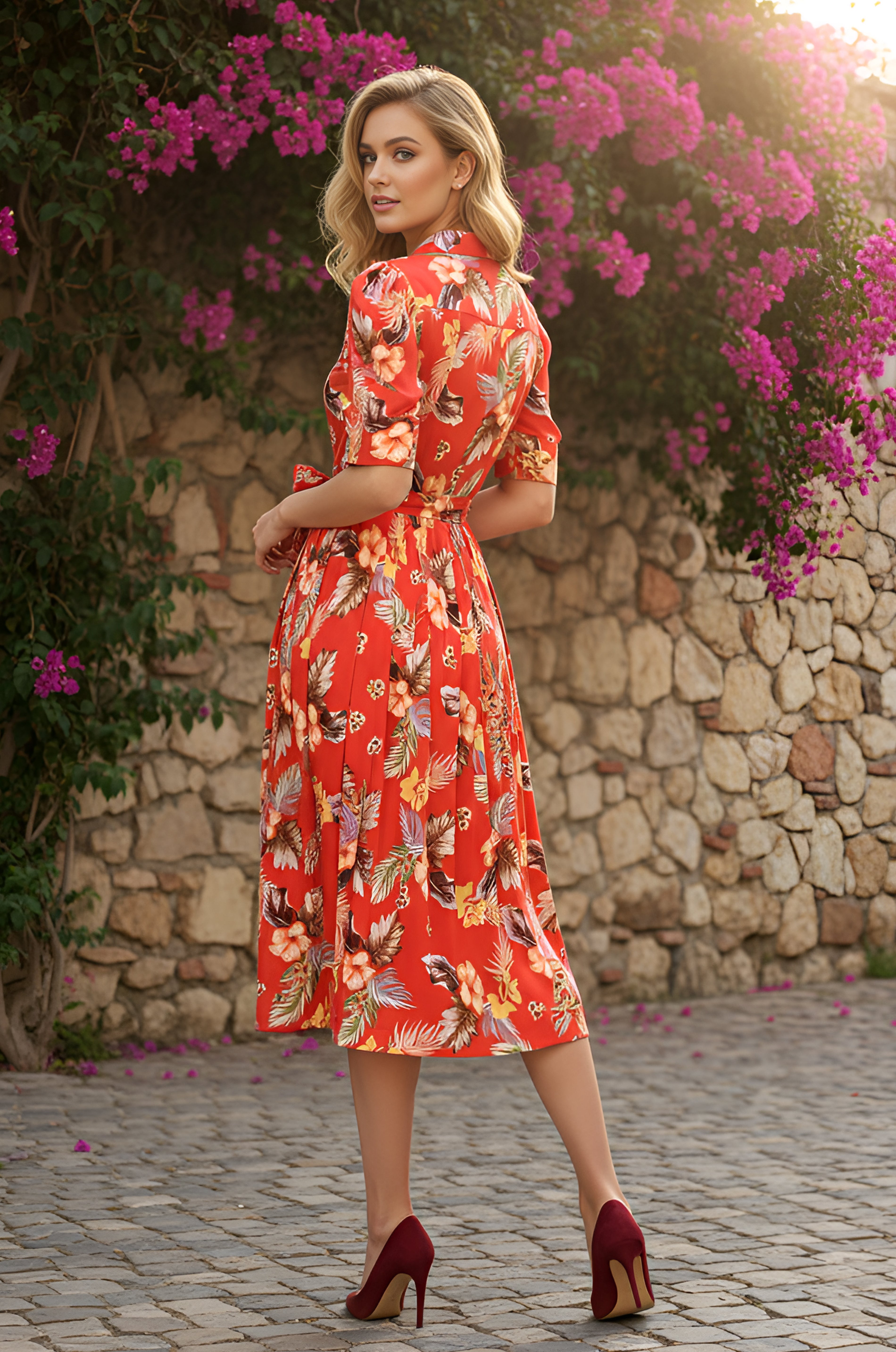 A woman in the Crimson Bloom Casual Midi Dress: Lily stands on a cobblestone path, facing away, with blooming purple flowers and a stone wall in the background.
